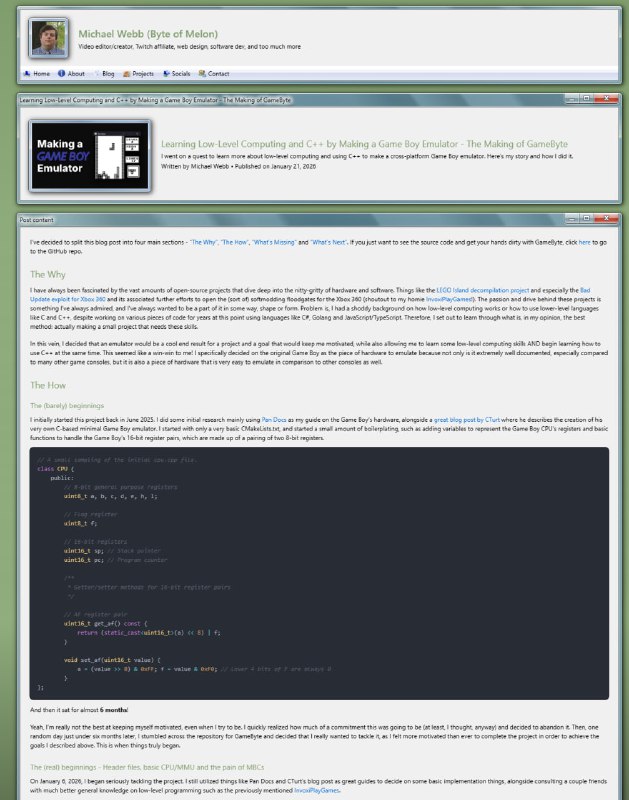 通过制作Game Boy模拟器学习底层计算和C++ | blog“我一直对大量深入探究软硬件底层细节的开源项目非常着迷，比如《乐高岛》反编译项目，尤其是Xbox 360的“Bad Update”漏洞，以及随之而来的进一步努力，为Xbox 360（某种程度上的）软破解打开了大门（向我的兄弟InvoxiPlayGames致敬！）